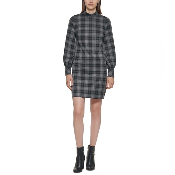 CALVIN KLEIN Women’s Zippered Plaid Cuffed Sleeve Mock Neck Short Shift Dress 4P - Picture 3 of 13
